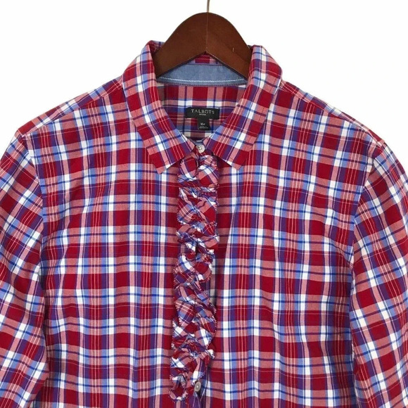 Talbots Cotton Plaid Ruffle Long Sleeve Button Shirt Top Size 16 Petite Roll Tab - Picture 1 of 15
